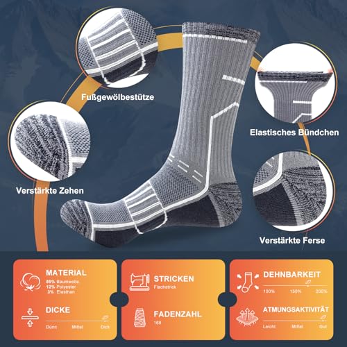 Circorld Wandersocken Herren & Damen, Atmungsaktiv Outdoor Socken Baumwolle Sportsocken, Anti Blasen & Geposltert Trekkingsocken Laufsocken Tennissocken Arbeitssocken, 3 Paar 43-46