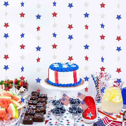 Image of Patriotic Glitter Star Garland Banner Streamers - 2.76 Inch 52 FT 4 Strands Paper - Red White and Blue Hanging Decorations for American 4th of July, USA Independence Day, Memorial Day, Labor Day