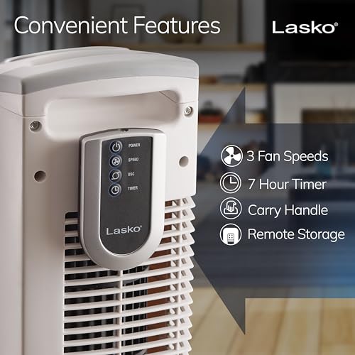 Lasko Oscillating Tower Fan with Remote Control and Timer - Quiet Standing Fan for Bedroom, Office, and Home - 3 Speeds - Powerful Cooling Air - 2510 - 36" Tall - White by Lasko - Used condition - Image 5