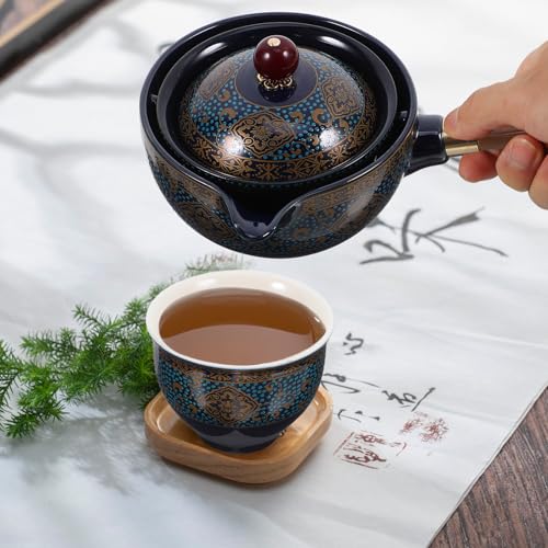 Juego de té de cerámica azul con tetera resistente al calor y vertido fácil 8