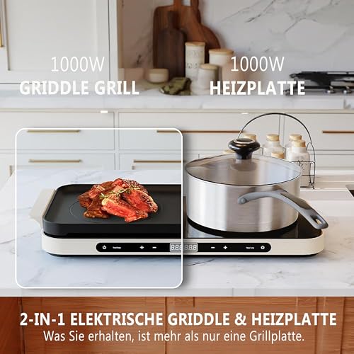 AEWHALE Kochplatten 2er Elektrisch mit abnehmbarer, Abnehmbare Grillpfanne, Antihaft, 2000W-Elektrokochfeld mit LCD-Touchscreen mit einstellbarer Temperatur
