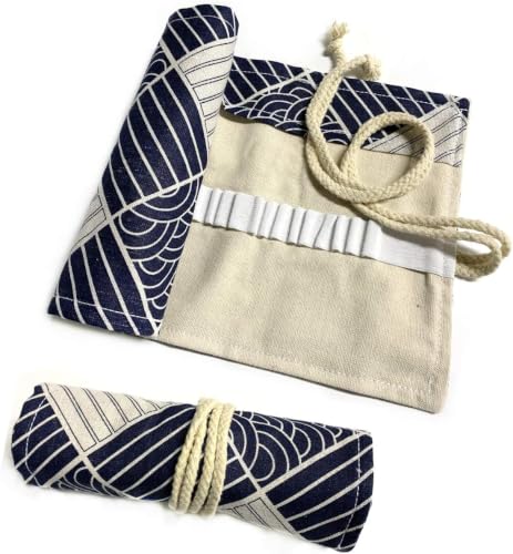 Image of Canvas Pencil Wrap Case, 72 Holes Colored Pencil Roll Holder Storage Pouch for Office (72 Holes, Blue-White)