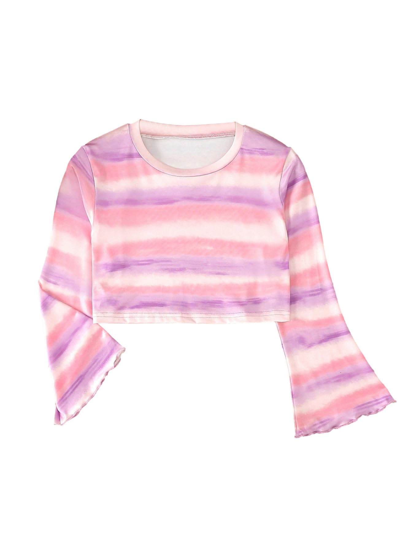 Photo 1 of Girl's Color Block Tie Dye Tee Crop Tops Casual Long Flare Sleeve Crewneck T Shirt Cute Fall Tops 9 Years Multicolor