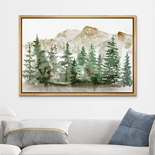 Wall26 Framed Canvas Print Wall Art Watercolor Mountain Forest Landscape Nature Wilderness Illustrations Modern Rustic Scenic Colorful For Living Room, Bedroom, Office - 24X36 Natural #TOP1