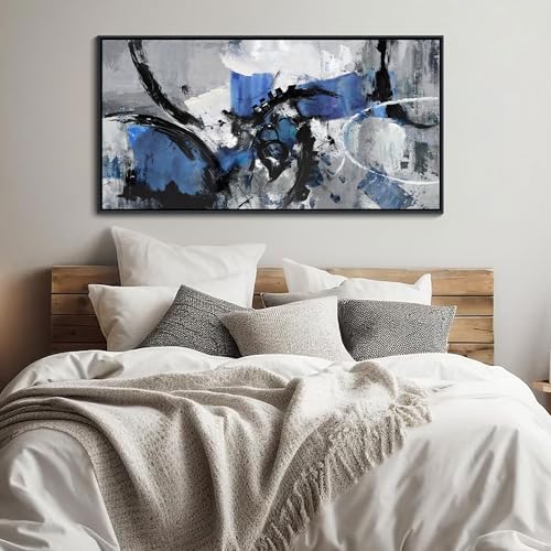 Image of Blue Abstract Canvas Wall Art: Large Wall Art Paintings for Living Room, Modern, Framed Artwork in Blue and Black -Bedroom, and Office Decorations for Work - Gray Pictures for bedroom Wall Decor