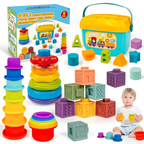 Montessori Baby Toys for Ages 6–18 Months with Sensory Shape Sorter Matching Game Toy Stacking Ring Soft Building Blocks Developmental Learning Toys for Toddlers 1+ Year Old