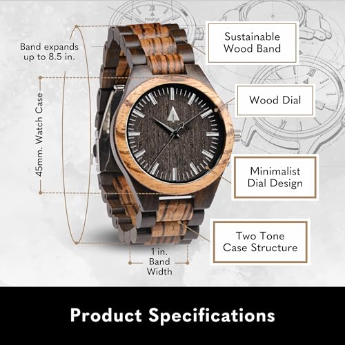 Treehut Wooden Watches for Men, Great Japanese Quartz Analog, Stylish Exotic Watch with Adjustable Stainless Steel Clasp, Buckle, Made from Ebony and Walnut Wood, Relojes Hombre Mujeres4