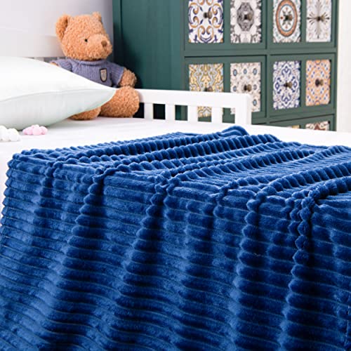 Couverture flanelle douce bébé plaid bleu marine chaud texturé rayures - 6