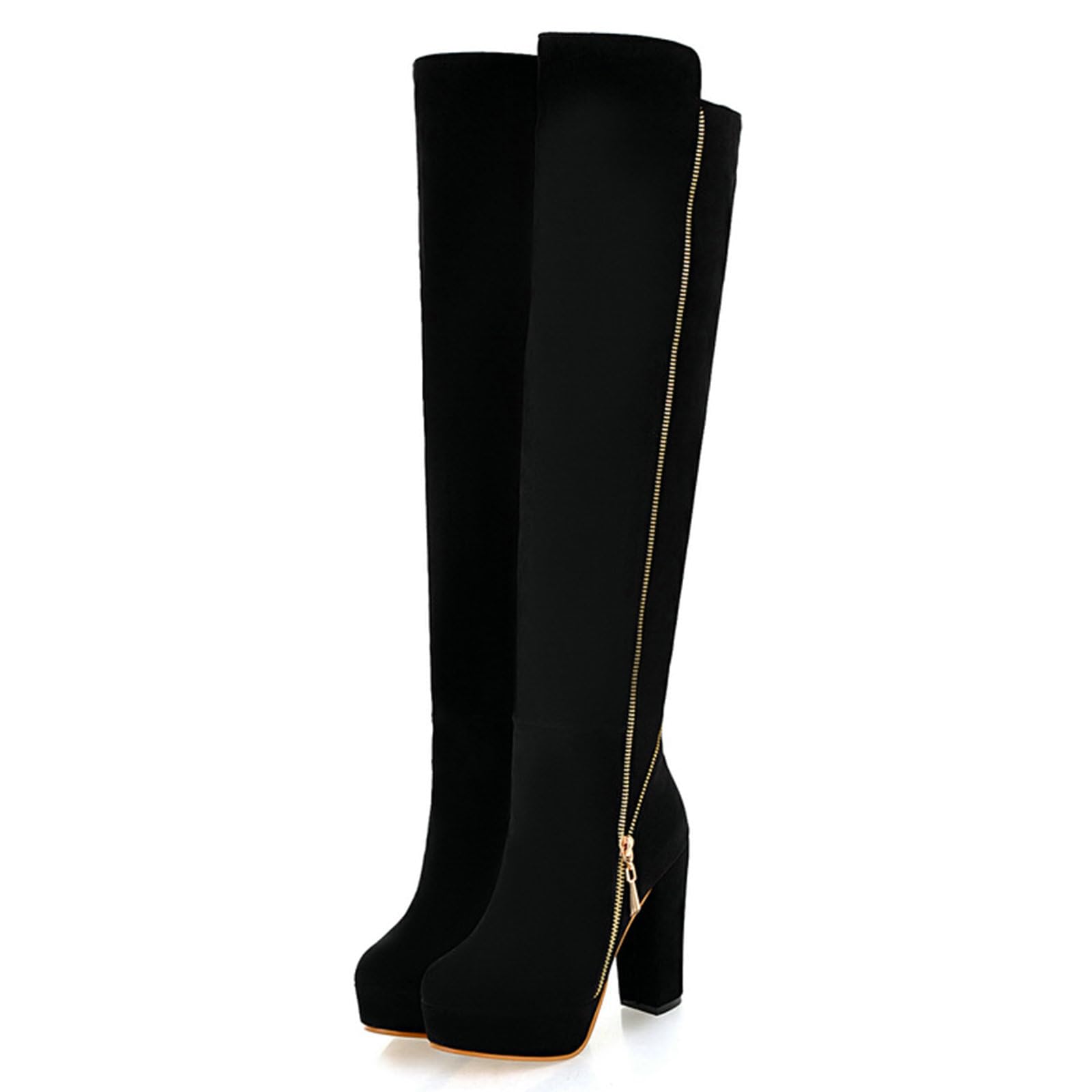 Uniquelly Womens Over The Knee Boots Chunky High Heel Platform Riding Boots Round Toe Side Zipper Long Boots