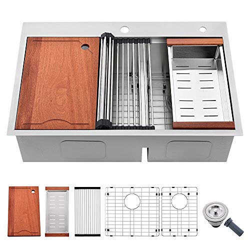 SOMRXO 28×22 Inch Double Bowl Drop In Kitchen Sink - 16 Gauge Stainless Steel Kitchen Sink, Low-Divide 60/40 Workstation Design for Functional Kitchens with Accessories