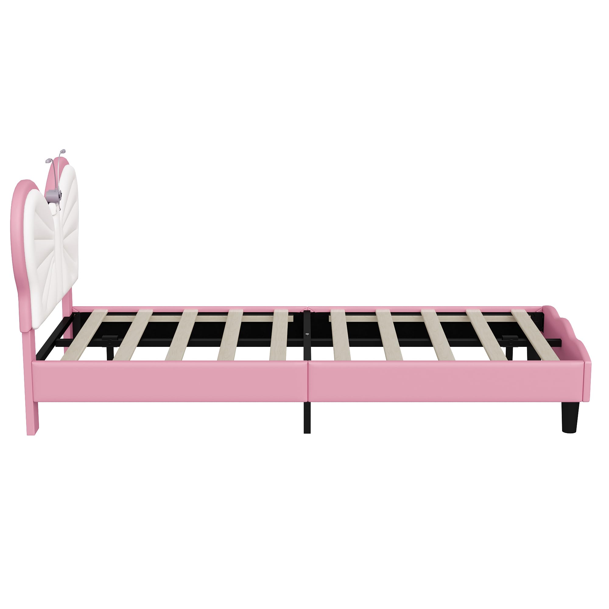 Lit Enfant Rembourré 90x200cm,Tête de Lit avec Lampe de Lecture LED,Cadre de lit pour Enfants avec Sommier à Lattes,Design Extérieur Papillon,Velours, Blanc Rose
