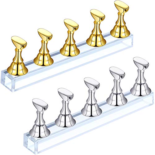 Blulu - Soporte magnético para uñas (2 unidades, acrílico), soporte de uñas para manicura (dorado y plateado)