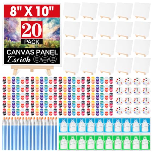 ESRICH 20 Pack 8x10 Canvas and Easel Set Mini Acrylic Paint Paint Brushes Palettes Aprons Sip and Paint Kits for Adults Couples Friends Date Night Painting Party Supplies