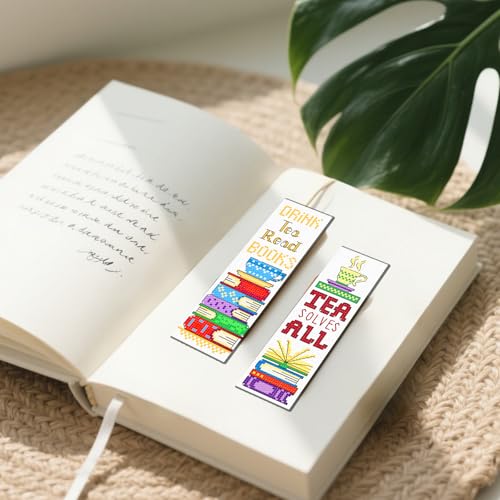 Image of FREEBLOSS 6 Set Cross Stitch Bookmark Kits Book Teacup Pattern Stamped Cross Stitch Kit 11CT Embroidery Kit with Instructions for Beginners 20x6cm /8x2.4inch