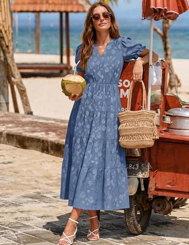 Image of ZESICA Womens Summer Floral Flowy Midi Dress 2026 Puff Short Sleeve V Neck Ruffle Tiered Beach Vacation Party Dresses