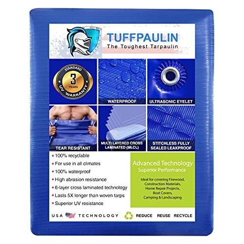 Image of TUFFPAULIN 12FT X 12FT Blue 80 GSM Tarpaulin Tirpal Tadpatri Tharpai Thadika, Extra Strong, Reinforced Eyelets, UV Resistant, 100% Waterproof, 6 Layer MLCL 3D Rib Technology-1 No.
