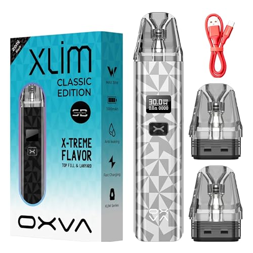 Oxva Xlim Classic Edition Vape Kit [Silver] - Available in 10 colours - 2A Fast Charge 1000mAh Battery 30W 0.42 OLED Screen - Compatible with Xlim Series Pod - No Nicotine