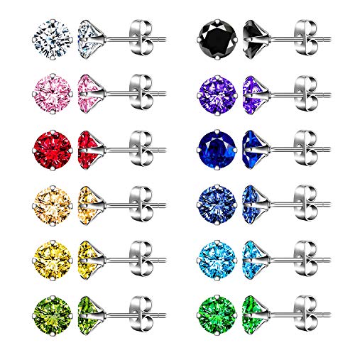 24 Pièce Acier Inoxydable Clou d`oreille Rondes Boucle d'Oreille Zircon Ton d'Argent Noir Rouge Ro...