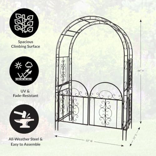 Image of Plow & Hearth Arch Metal Outdoor Garden Arbor Double Gate | Montebello | 7 Feet Tall | Gunmetal Black | Steel Iron Trellis Lattice Climbing Plants & Heavy Vines