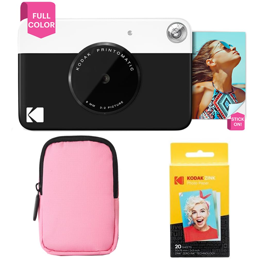 KODAK Printomatic Full-Color Instant Print Camera Starter Bundle + Soft Case + Zink 20pk Photo Paper - Colorful Photos On 2x3 Sticky-Back Paper - Fun