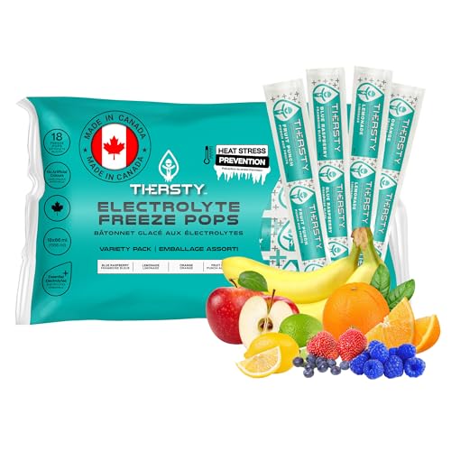 Thersty Electrolye Freeze Pop, Low Calorie, 4 flavour variety pack, designed for rapid hydration and relief from heat stress. Trusted by professionals, made for everyone. 18 servings per bag