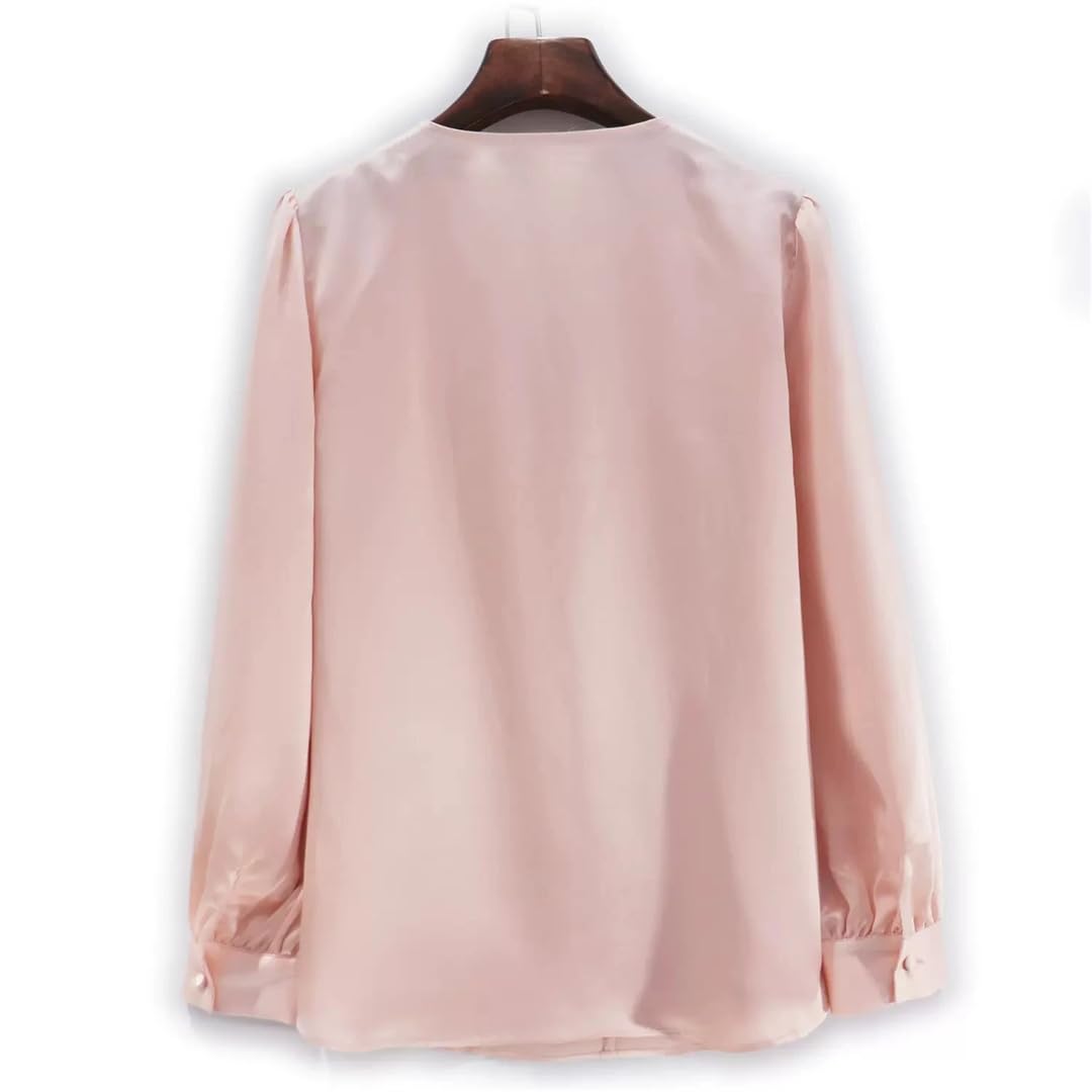 Camisa de satén de seda para mujer, manga larga, cuello en V, blusa para oficina, color liso, para oficina