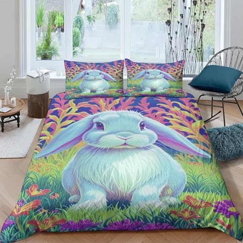 WXLWHR Funda De Edredón Conejo Belier Microfibra Suave Juego De Sábanas 3 Piezas Conejo Belda Hierba con Cremallera Y Fundas Almohada para Niños Y Niñas, Double（200x200cm）