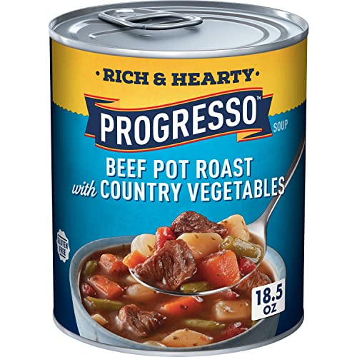 Image of Progresso Beef Pot Roast with Country Vegetables Soup, Rich and Hearty Canned Soup, Gluten Free, 18.5 oz | Tender pot roast chunks, Savory vegetables & beef broth, 110 calories per serving, No artificial flavors