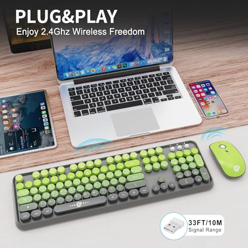 Image of Wireless Keyboard and Mouse Combo, 2.4G USB Cordless Round Keyboard and Mouse for Laptop Computer TV (102 Keys Matcha Green)