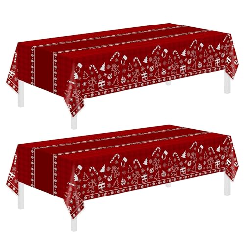 Image of Childom 2 Pack Christmas Tablecloths Disposable,Christmas Decorations,54 x 108 Inch,Plastic Table Cloths for Rectangle Tables,Red Themed Checkered Table Covers for Xmas,Indoor,Outdoor,Birthday,Parties