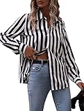 SweatyRocks Women's Casual Long Sleeve Striped Button Front Collared Blouse Shirt Black White XL