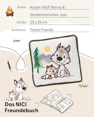 NICI Forest Friends Kinder Kissen Wolf Winny & Streifenhörnchen JoJo 25x25cm - Kleines Kuschelkissen flauschig, Für Mädchen, Jungen & Erwachsene – 49955