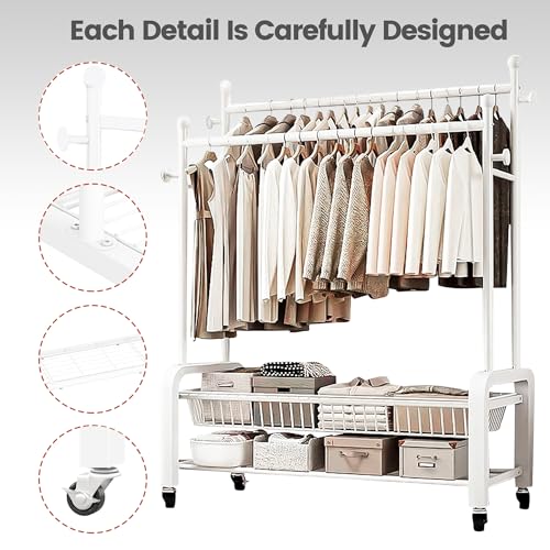 GLQ - Burro ropa resistente,perchero burro ropa,perchero con ruedas con doble almacenaje y dos perchas(blanco) - imagen 2
