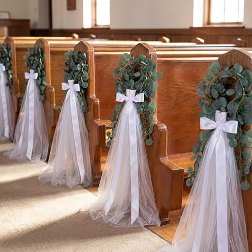 FineCheer 24 Set Wedding Aisle Chair Decorations White Tulle Chair Sashes with Artificial Eucalyptus Vines, Bamboo Rings and Ribbon for Ceremony, Church Pew, Bridal Shower, Boho Wedding Decor