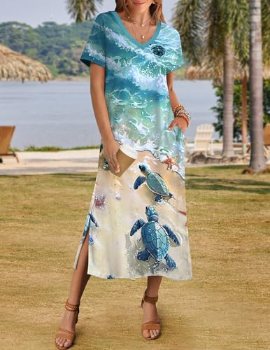 Image of Zeagoo Women Summer Floral Dress Short Sleeve Beach Dress with Pockets Casual V-Neck Split Long T-Shirt Dress Travel Vacation