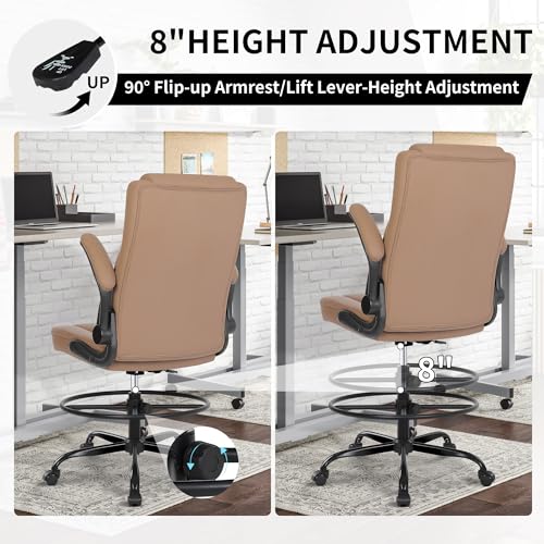 Image of Misolant Drafting Chair, Tall Office Chair for Standing Desk, Standing Chair with Adjustable Height and Flip-up Armrest, Leather Drafting Chair, High Office Chair for Counter Height Desk
