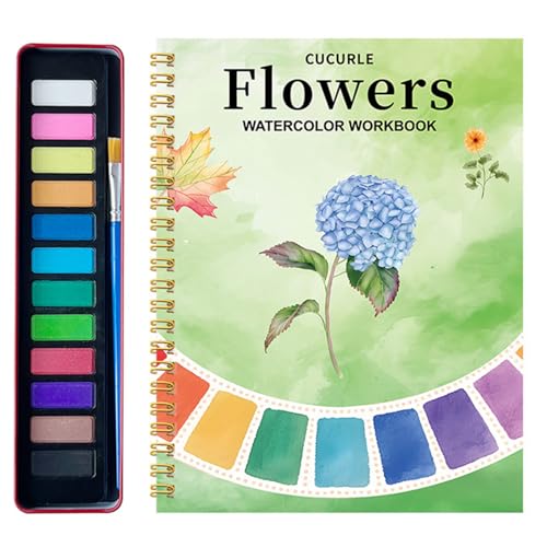 Watercolor Workbook for Adults & Beginners, Beginner-Friendly Painting Book with 12 Colors Paint, All-in-One Watercolor Kit for Creative Practice (Flower-1)