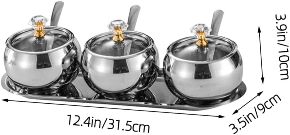 Homoyoyo Stainless Steel Sugar Bowl with Lid and Spoon, Condiment Canister Set with Tray for Kitchen, Salt and Spice Storage Container, Metal Seasoning Holder for Home Cooking