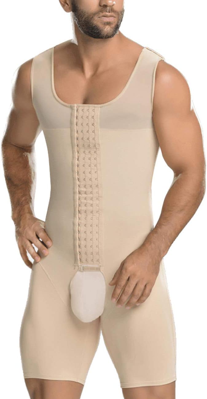 Men Shapewear Slimming Compression Workout Full Body Shaper with Hooks Tummy Control Bodysuit Beige XL