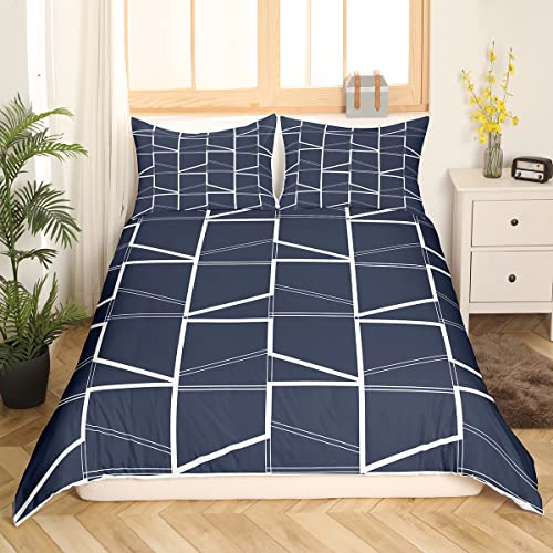 Erosebridal Navy Blue Geometric Bedding Duvet Cover Set Queen Size, Boys Girls Adult Plaid Comforter/Quilt Cover Grid Pattern Decor for Modern Home Hotel Kids Teens Soft Luxury Bedding Collection