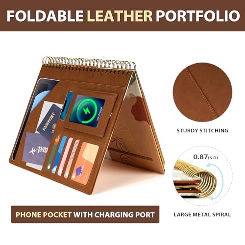 Image of Ospelelf Clipboard with Storage for Men Women, Leather Padfolio Portfolio Organizer 5 Folders with 10 Pockets, Spiral Clipboard Folio with Notepad for Letter Size, Elastic Closure and Pen Loop Brown