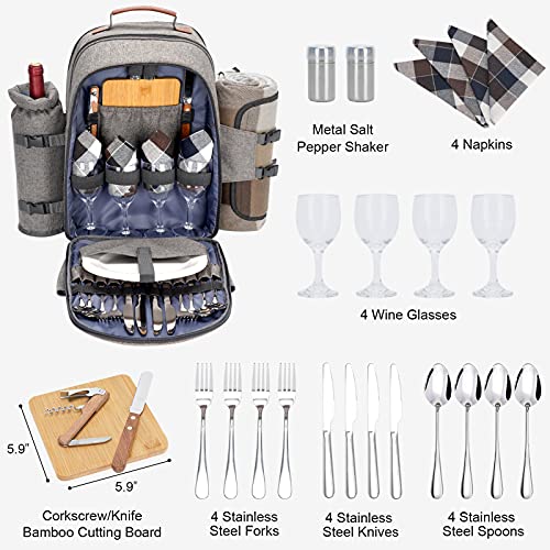 Picnic Backpack Set For 4 Person With Cooler Compartment, Picnic Bag With Waterproof Pouch, Insulated Bottle/Wine Holder, Fleece Blanket And Cutlery For Camping, Gifts For Couples Wedding Anniversary #TOP3