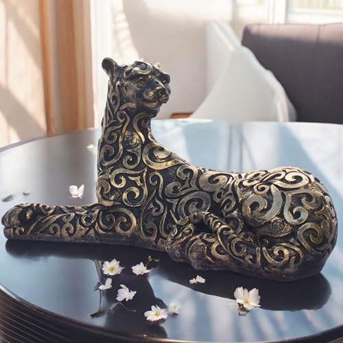 Luxury Leopard Sculpture in Black Resin with Gold Accents | Decorative Animal Statue for Home & Office | Symbolic Wildlife Decor - Strength, Power & Self-Reliance (Lying Leopard)
