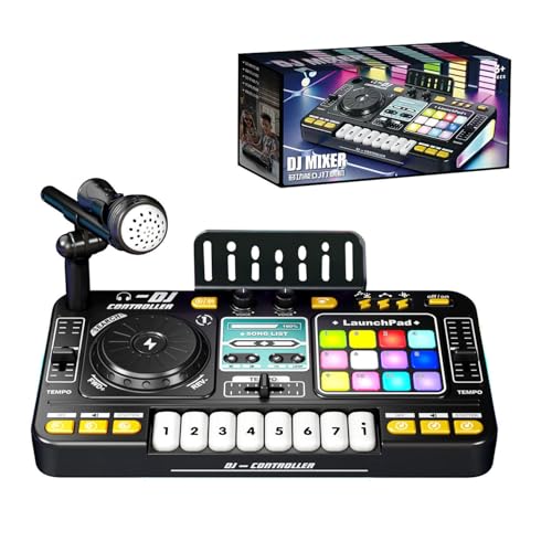DJ Mesa de mezclas para niños de 3 a 10 años – DJ Pult Juguetes con Micrófono, Luz LED, 100+ efectos de sonido, teclas de piano, Scratch & Grabación, Controlador de DJ Juguetes musicales para niños y