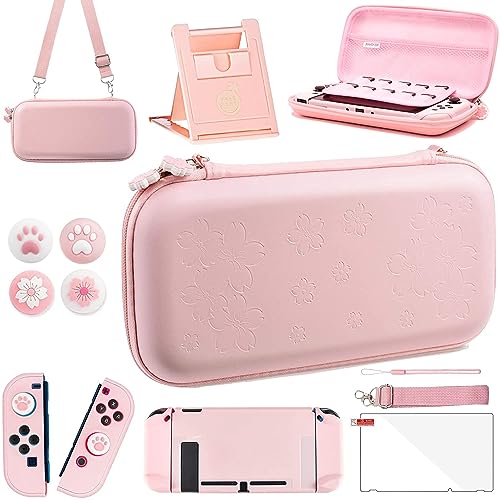 OLDZHU Kit de accesorios 10 en 1 Kawaii regalo Rosa de viaje para Nintendo Switch,con Funda de Cubierta protectora dura,Protector de Pantalla,Soporte ajustable ultrafino,Tapas de agarre para el pulgar