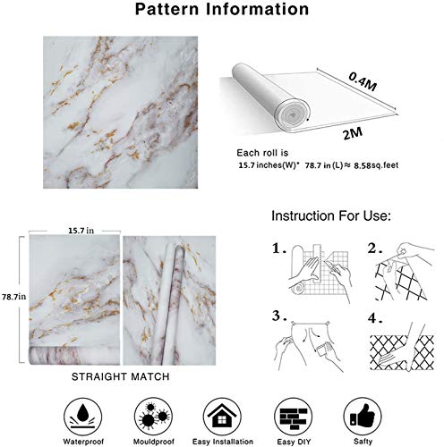 Marble White/Gold Contact Paper Thickened Marble Matte Wallpaper Bathroom countertop Decorative Paper Waterproof Removable countertop Bathroom Contact Paper Free give Knife and Tool(11.8\" x 78.7\")