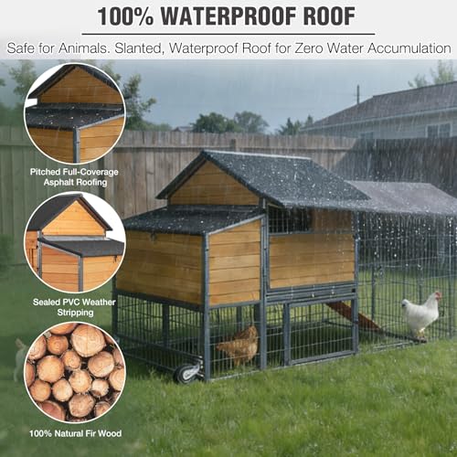 Image of Extra Large Mobile Chicken Coop with Run, Portable Chicken Tractor with Wheels, Wooden Poultry Cage with All-Around Iron Frame, Metal Sliding Tray, Nesting Boxes for 6-8 Chickens