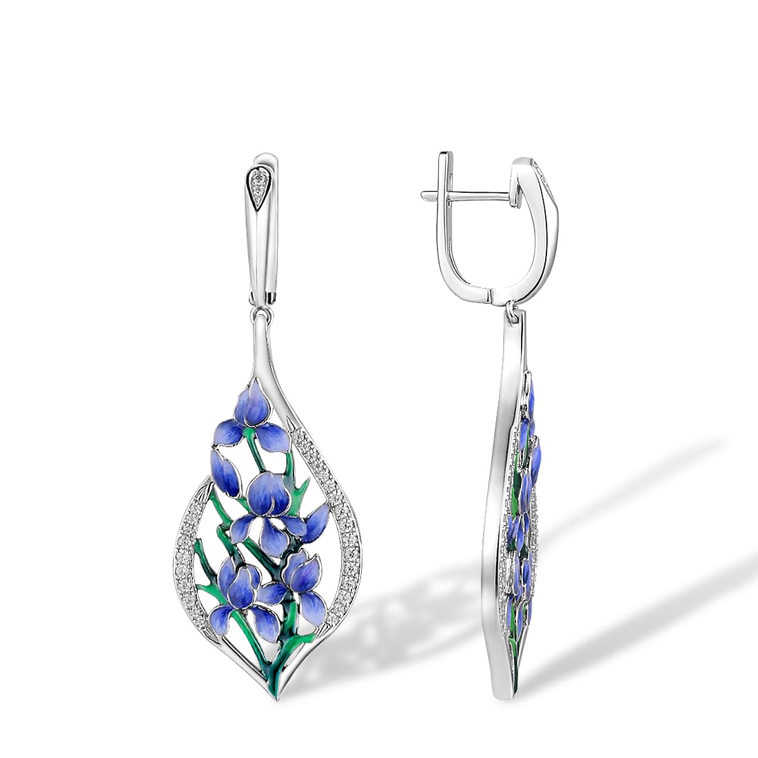 Santuzza 925 Sterling Silver Enamel Dragonfly Flower Dangle Earrings