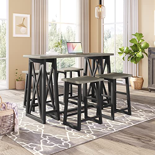 Quarte Rustic 5-Piece Counter Height Dining Set, Unique Wood Console Table Set with 4 Stools, Kitchen Furniture Set for Small Places (Grey/A*) Quarte Rustic 5-Piece Counter Height Dining Set, Unique Wood Console Table Set with 4 Stools, Kitchen Furniture Set for Small Places (Grey/A*)