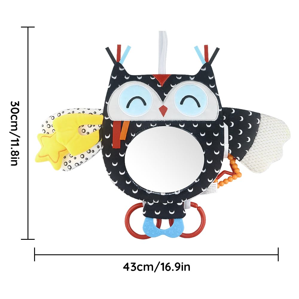 Giocattolo da Appendere per attività per Bambini con Specchio per Auto in-Sight, Regolabile per seggiolini Auto, passeggini, culle e Tempo sulla Pancia, con sonagli (Owl)